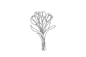 Flower bouquet in continuous one line drawing. Single line art illustration of tulips flower bouquet. Editable vector.