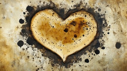 Heart Shape Created with Coffee Stains on a Rustic Background