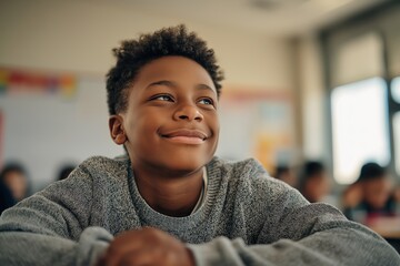 Young black school boy looking up with a hopeful smile in the classroom