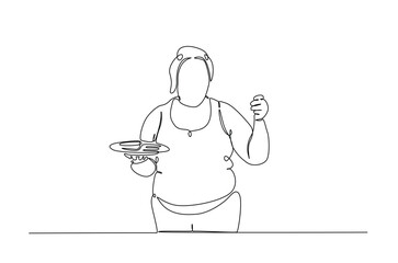 obese woman eating food in continuous one line drawing. Single line art illustration of overweight woman eating junk food, obesity concept. Editable vector.