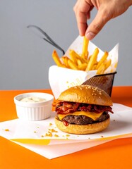Delicious Bacon Cheeseburger and Crispy French Fries Ready to Eat