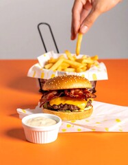 Classic Bacon Cheeseburger with Crispy French Fries and Creamy Dip