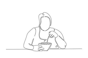 obese woman eating food in continuous one line drawing. Single line art illustration of overweight woman eating junk food, obesity concept. Editable vector.