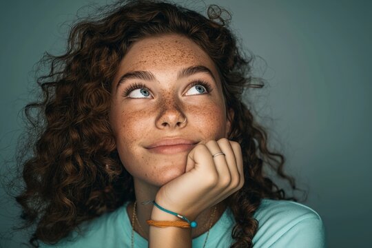 Thoughtful young woman with freckles and curly hair looking up