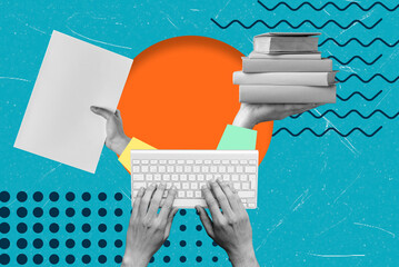 Balancing tasks between typing and organizing books during a creative work session in a colorful environment