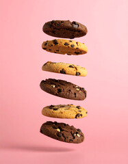 Six Delicious Cookies Floating Against Pink Background