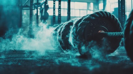 Heavy Rope on Floor in Gym with Smoke and Dim Lighting