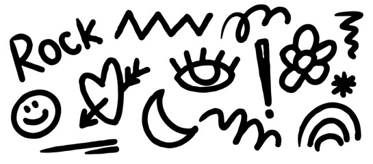 Hand-drawn graffiti elements in chalk or crayon texture. Features abstract shapes, symbols, and playful designs including hearts, eyes, and flowers.