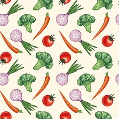 Seamless Vegetable Pattern, Healthy Food Background. Onion, broccoli, carrot, tomato on beige background 