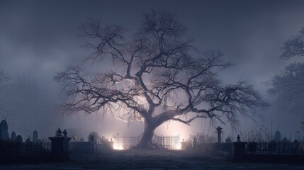 Obraz premium Dark Victorian Tree with Gleaming Wood in Foggy Graveyard Setting at Night