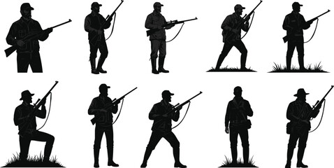 Silhouette of hunters holding rifles, armed men in outdoor clothing, hunting activity, survival lifestyle, camouflage sportsmen, forest adventure, wild nature