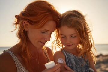 Caring mother applying sunscreen to her daughter's arm at the beach at sunset