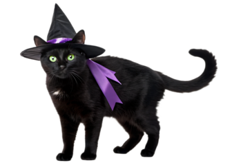 A black cat wearing a witch hat with a purple ribbon standing on a transparent background looking forward