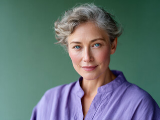 Confident mature woman with gray hair and blue eyes smiling on green background