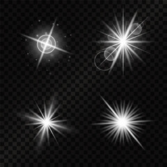 Set of light effects silver white glowing light isolated on transparent background. Solar flare with rays and glare. Glow effect. Star burst with shimmering sparkles	