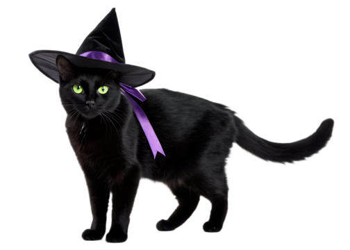 A black cat wearing a witch hat with a purple ribbon standing on a transparent background looking forward