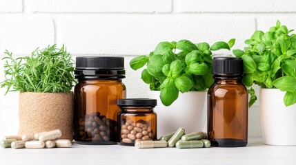 Herbal Supplements and Natural Ingredients on Bright White Surface