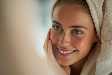 Beautiful smiling young woman with a towel on her head touching her cheek
