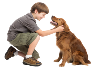 A boy kneeling and petting a golden retriever dog looking up at him with a happy expression on its face