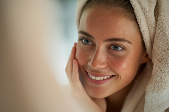 Beautiful smiling young woman with a towel on her head touching her cheek - Powered by Adobe