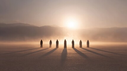 Backlit Silhouettes of Figures Against a Misty Horizon at Sunrise in an Islamic Desert Landscape