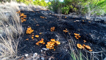 Obraz premium Burnt earth, orange fungi, hillside