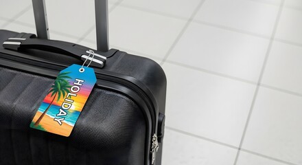 Naklejka premium A black suitcase with a colorful holiday-themed luggage tag attached to its handle, ready for travel.