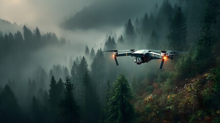 Fototapeta premium Dramatic shot of a professional quadcopter drone with a camera hovering in the air above a dense, foggy pine forest at dawn.