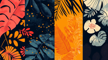 Vibrant abstract tropical leaf patterns in a dynamic collage of bold colors and textures, perfect for modern design projects.
