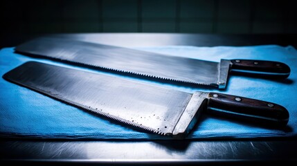 High-Quality Kitchen Knives on a Blue Cloth Background
