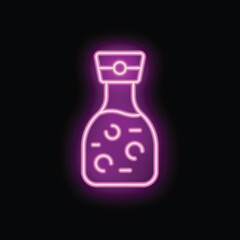 Neon sign of a sesame oil bottle glowing brightly against a dark background