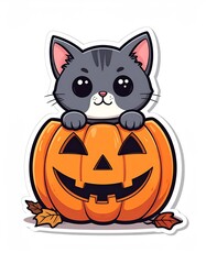 Cute Kawaii Kitten Peeking Out of a Halloween Pumpkin