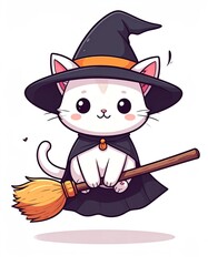Cute Halloween Witch Cat Riding a Broomstick