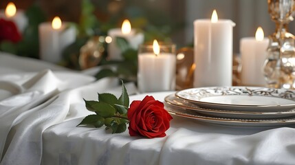 Obraz premium A romantic 3D table setting with elegant candles and a red rose.