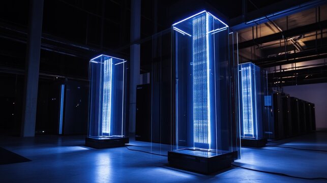Illuminated server room displays at night - Powered by Adobe