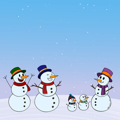 Festive winter illustration featuring a group of cheerful snowmen in a Christmas setting. Cheerful and cozy New Year scene full of joy and holiday spirit