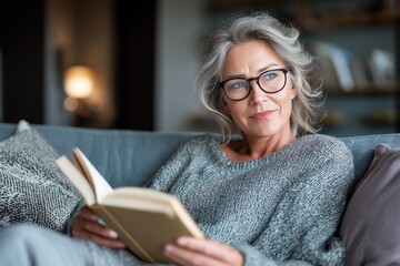 Relaxed mature woman with glasses reading a book on the sofa