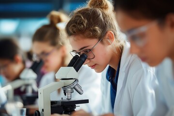 Focused female student using a microscope in a science laboratory