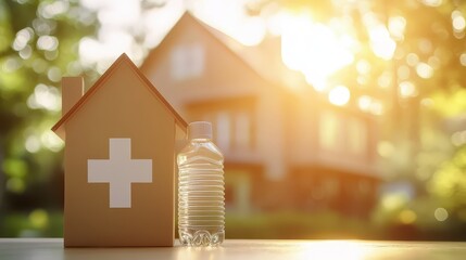 Home Wellness Concept with Water Bottle and First Aid Symbol