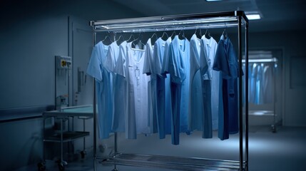 Hospital Garments Hanging on Rack in Modern Medical Facility