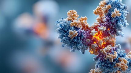 Complex Molecular Chain Rendered in Blue, Orange, and Purple with Glowing Yellow Regions Indicating Biochemical Activity, illustrating Protein Architecture and Functional Interaction Zones