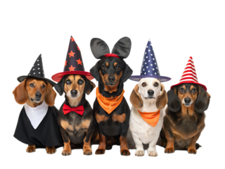 Five dachshunds dressed in halloween costumes including wizard hats and bow ties on black background