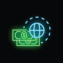 Neon sign representing money circulating around the planet, a symbol of the global economy