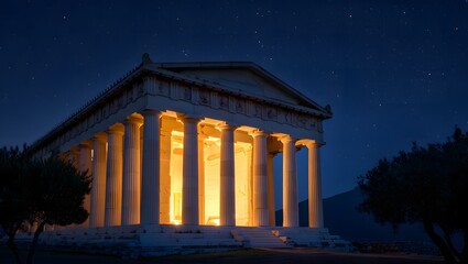 Obraz premium Ancient greek temple illuminated at night under a starry sky