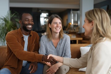 Happy diverse couple shaking hands with a female financial advisor