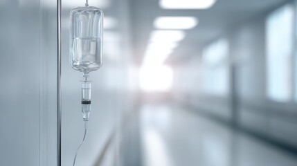 Hospital Interior with IV Drip Stand and Blurred Background Lighting