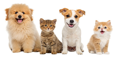 Obraz premium Two puppies and two kittens posing together with happy expressions against a black background