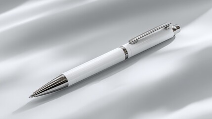 Naklejka premium A sleek, white pen rests elegantly on a smooth, light-colored fabric, showcasing its modern design and shiny metallic accents.