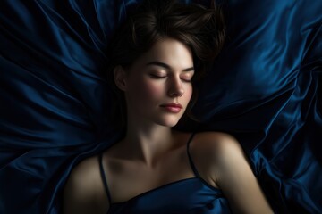 Naklejka premium Beautiful young woman sleeping peacefully in dark blue silk bedding