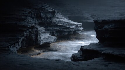 Atmospheric Landscape Featuring Coastal Rock Formations and Gentle Waves Under Dramatic Light